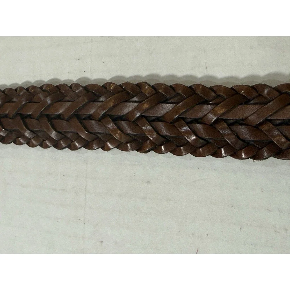 Braided Woven Leather Belt Nickel Tone‎ Brown Buckle Size L
